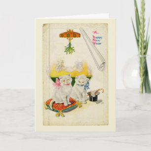 Carte Bonne Année Chat Blanc Élégant Vintage