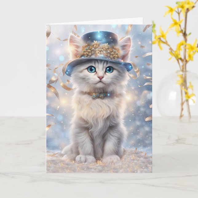 Carte Bonne année Chat dans Casquette de fête et Streame (Fleur jaune)