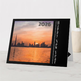 Carte Bonne année - Coucher de soleil sur une ville côti