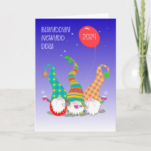 Carte Bonne année en gallois trois mignons Gnomes Card