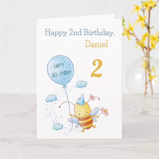Carte Bonne Anniversaire mignonne abeille avec Bleu Bleu (Fleur jaune)