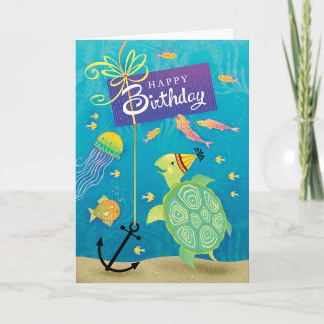 Carte Bonne Anniversaire Tortue de mer Présente Ancre Lo (Devant)
