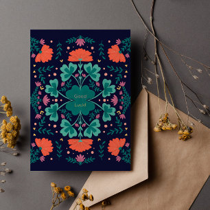 Carte Bonne chance couvre-girofles et fleurs bleu foncé