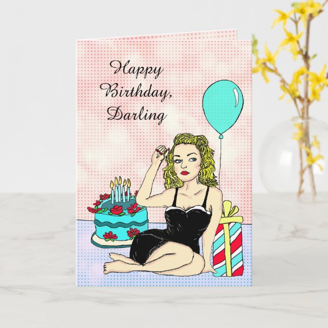Carte Bonne Chérie d'anniversaire, Retro Lady Pinup (Fleur jaune)