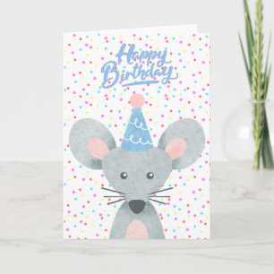 Carte Bonne fête d'anniversaire Souris Casquette Confett