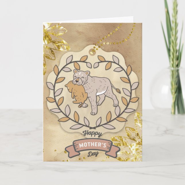 Carte Bonne fête des mères mignonnes Lion et Coupe amusa (Devant)
