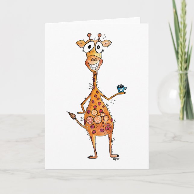 Carte Bonne Giraffe Whimsical Boire Café (Devant)