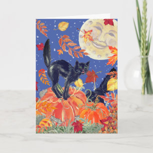 Carte Bonne Halloween Chat noir Citrouille Patch Moon