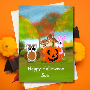 Carte Bonne Halloween Son Chipmunk, Rabbit & Owl