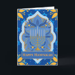 Carte Bonne Hanoukka<br><div class="desc">Une belle et élégante carte de voeux pour souhaiter une Hanoukka heureuse à quelqu'un. Carte parfaite pour célébrer la fête juive des lumières. Des couleurs vives avec une menorah devant entourée d'olives et de branches, des cadres colorés et les étoiles de David sur un arrière - plan bleu royal et...</div>
