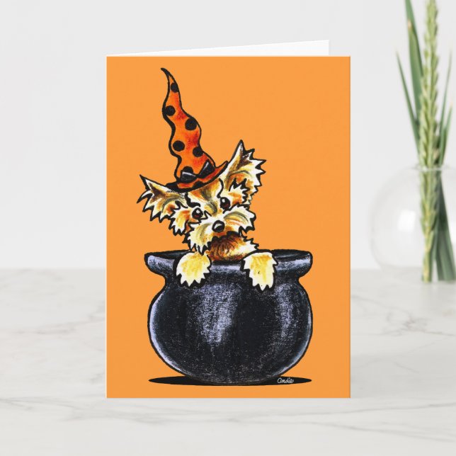 Carte Bonne -Laisse Art™ de sorcière de Yorkie Halloween (Devant)