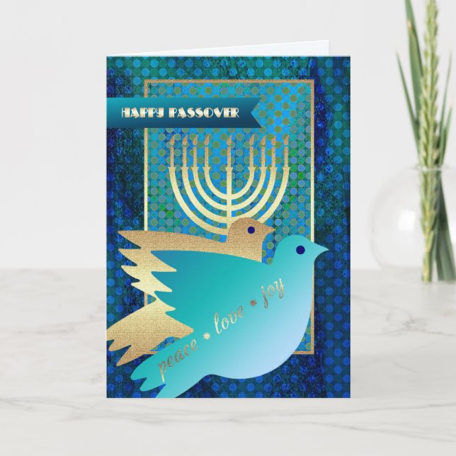 Carte Bonne Pâque. Les colombes de la paix et Menorah (Devant)