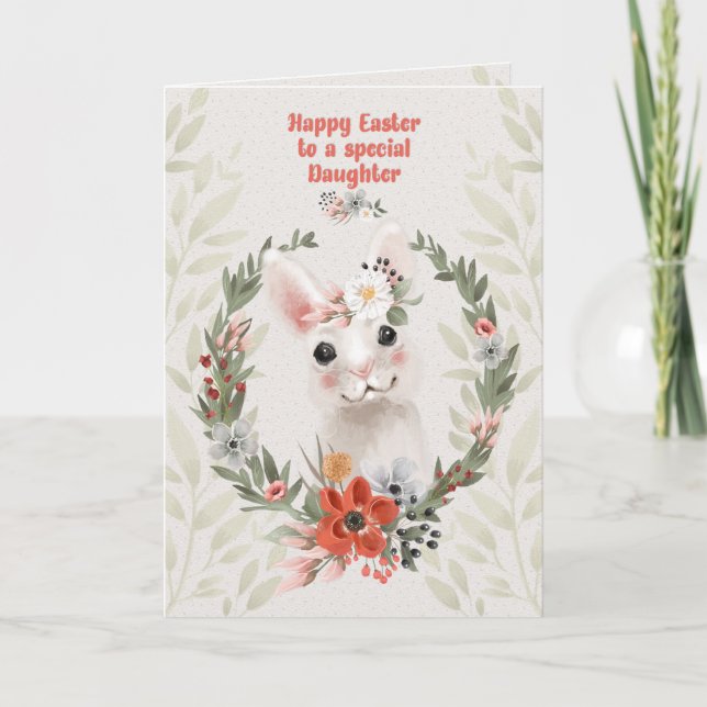 Carte Bonne Pâques à la fille lapin adorable et fleurs (Devant)