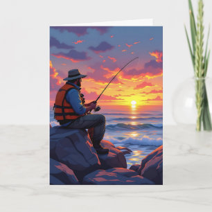 Carte Bonne pêche à la Fête des pères au coucher du sole