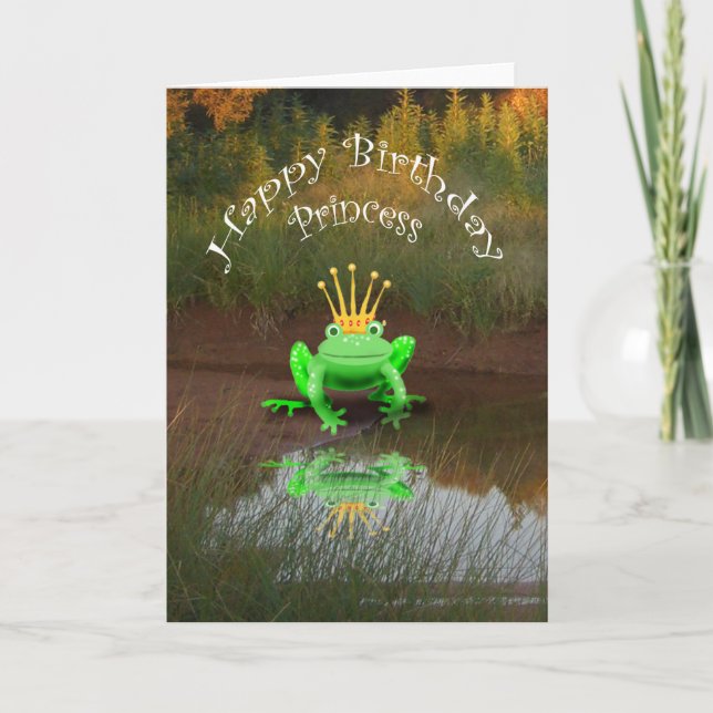 Carte Bonne princesse d'anniversaire, grenouille verte e (Devant)