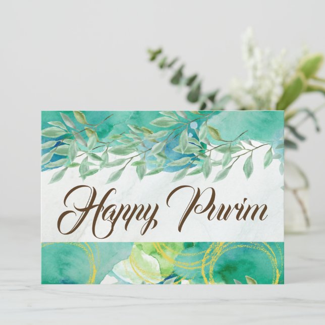Carte Bonne Purim Flat Greeting Card Aquarelle Vert (Debout devant)