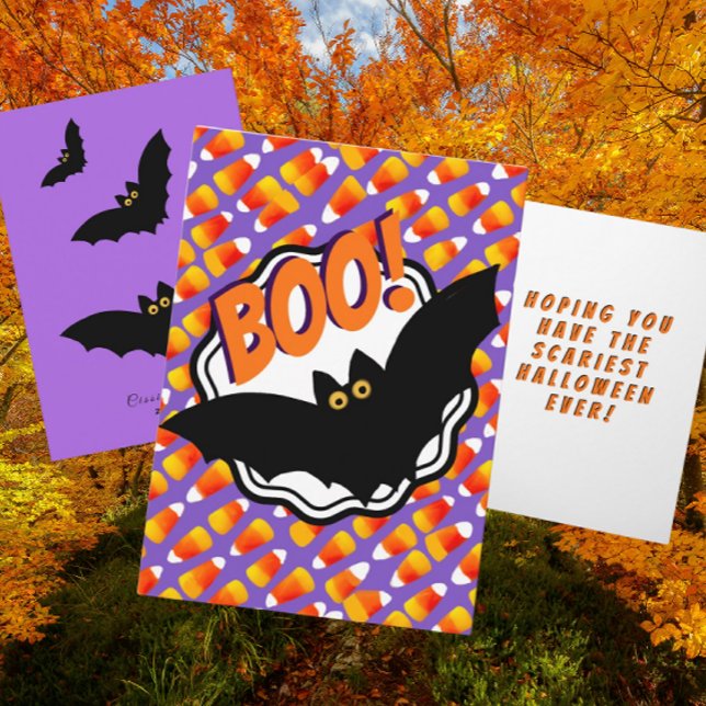 Carte Boo Black Bats Candy Corn Customisé Halloween (Super fun Halloween card. Personalize it!)