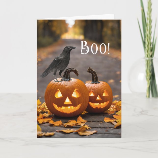 Carte Boo Halloween Jack o' Lanterns et Raven (Devant)