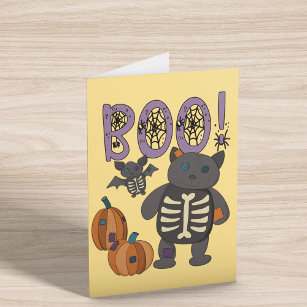 Carte Boo ! Patchwork squelette chat et chaume Halloween