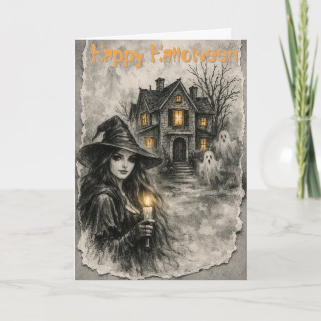 Carte BOO ! Sorcière hantée et maison Halloween (Devant)