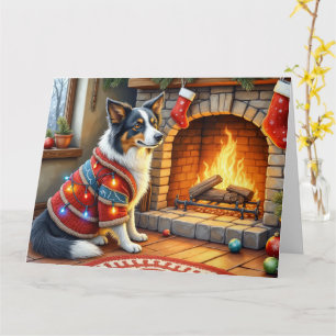 Carte Border Collie Cheminée avec Lumières de Noël