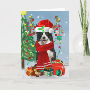 Carte Border Collie chien dans la neige avec des cadeaux