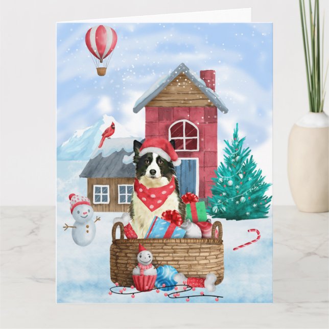 Carte Border Collie Chien Dans Maison de Noël enneigée (Devant)