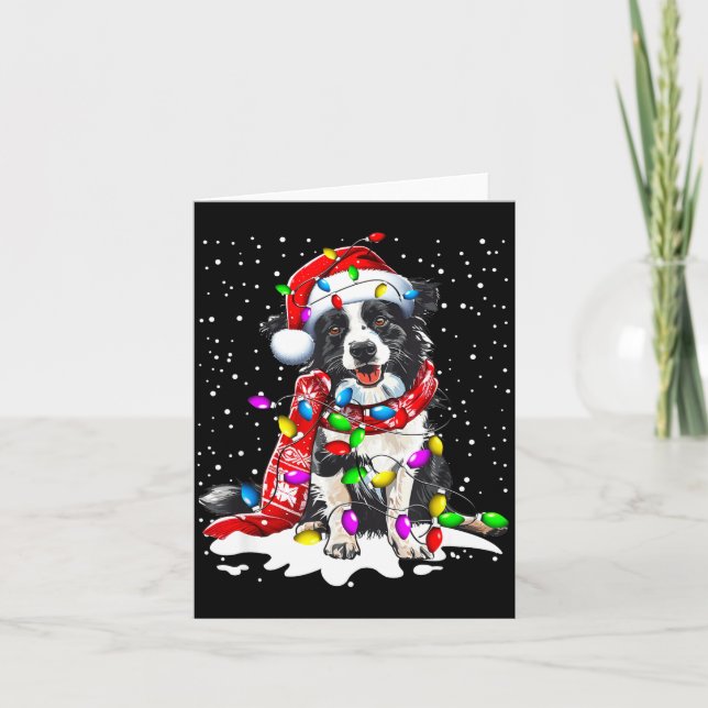 Carte Border Collie Chien Éclairant Noël Chapeau de Père (Devant)