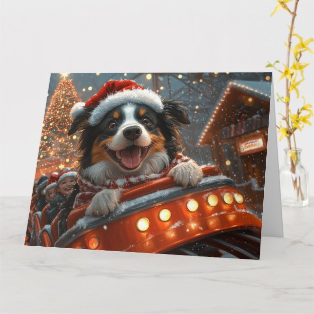 Carte Border Collie Chien Montagnes Russes Noël (Fleur jaune)