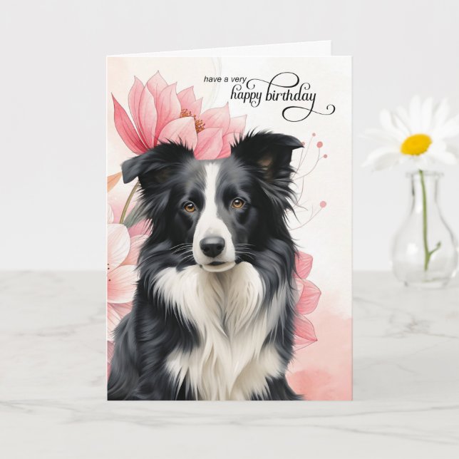 Carte Border Collie Dog Pink Botanical Flowers Birthday (Petite plante)