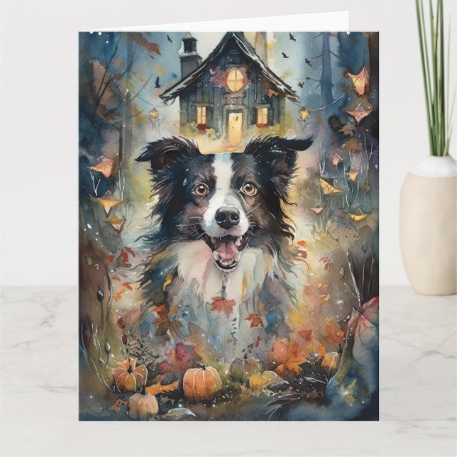 Carte Border Collie Halloween avec citrouilles effrayant (Devant)