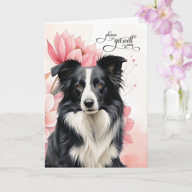 Carte Border Collie Soft Pink Botanical Blooms Get Well (Orchidée)