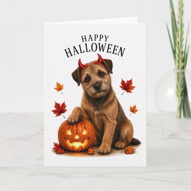 Carte Border Terrier Halloween Diable Chien (Devant)