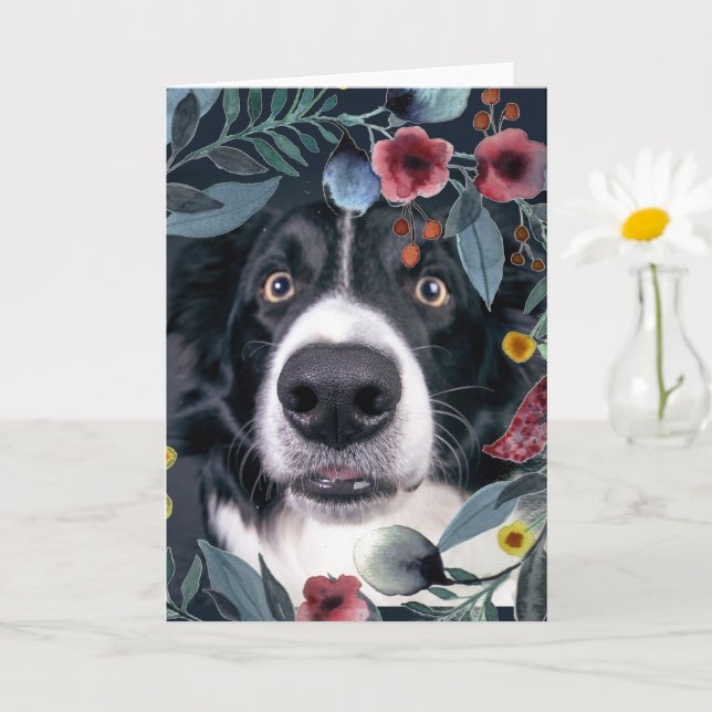 Carte Bordure Collie Chien avec aquarelle rose Fleur (Petite plante)
