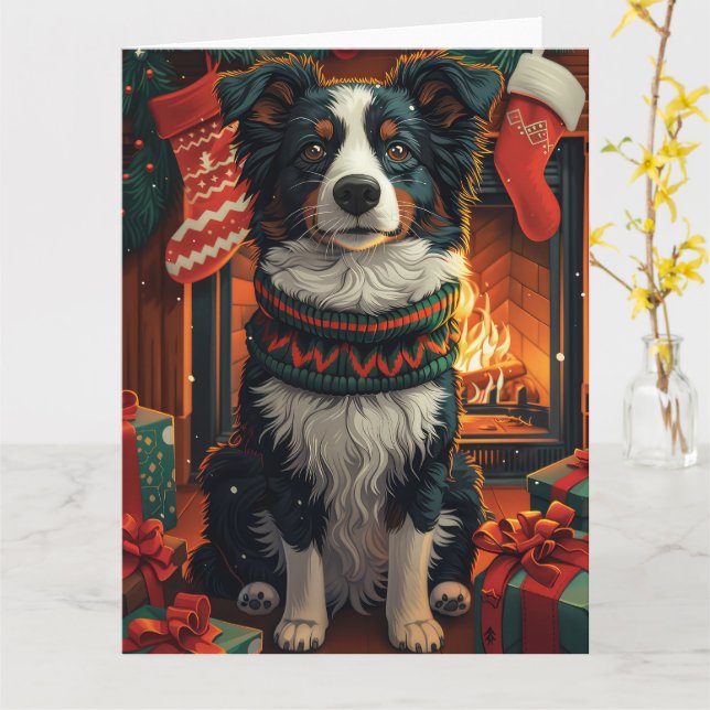 Carte Bordure Collie Chien avec les cadeaux de Noël chem (Fleur jaune)