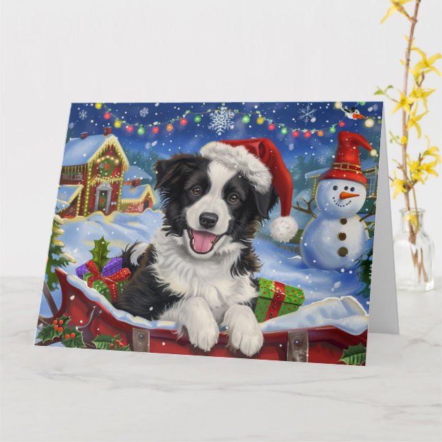 Carte Bordure Collie Chien dans Sleigh neige Noël (Fleur jaune)