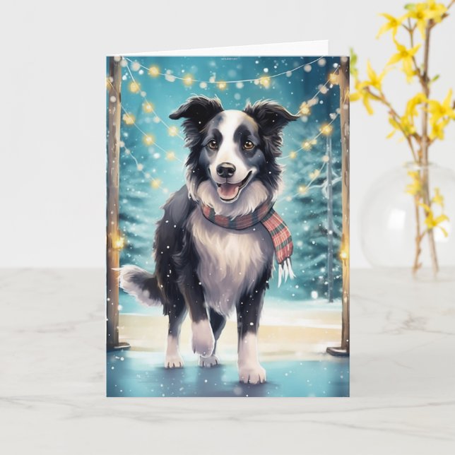 Carte Bordure Collie sur la glace avec Écharpe Festive (Fleur jaune)