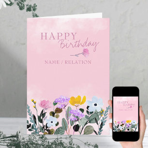 Carte Bordure de fleurs sauvages rose aquarelle Annivers