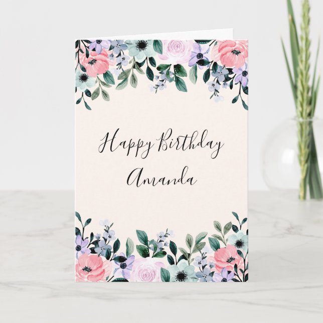 Carte Bordure florale aquarelle rose violet vert (Devant)