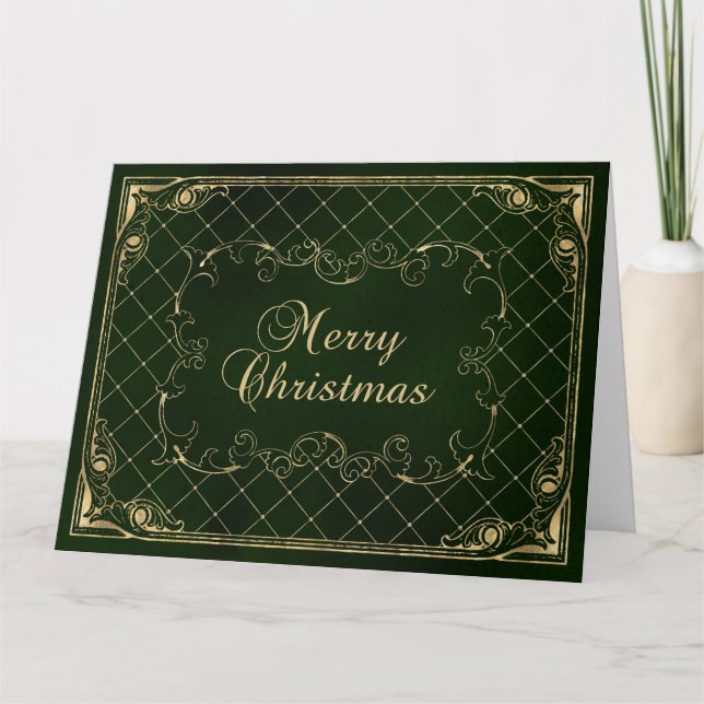 Carte Bordure Ornée de Faux Or Vert Joyeux Noël (Devant)