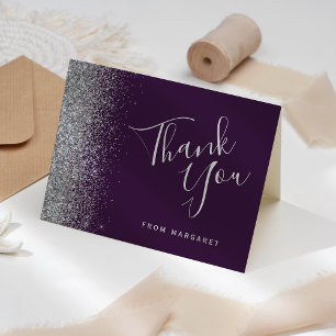 Carte Bordure Pailletée Argent Violet Merci pour votre A