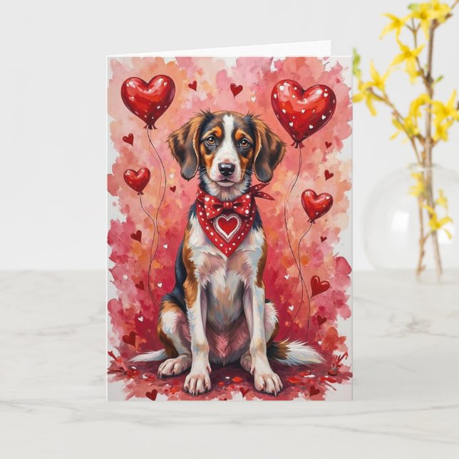 Carte Borzoi Saint-Valentin Chien Assis avec Cœurs Rouge (Fleur jaune)