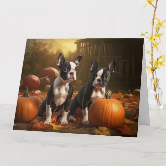 Carte Boston Terrier chiot automne délice citrouille (Fleur jaune)