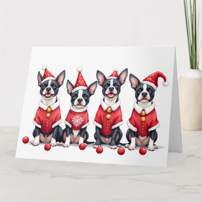 Carte Boston Terrier Christmas Dress Santa Hat (Devant)
