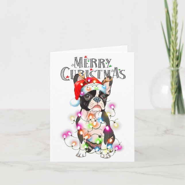 Carte Boston Terrier Christmas Lights Xmas Dog  (Devant)