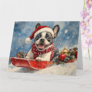 Carte Boston Terrier Dog in Sledge Let it Neige Noël