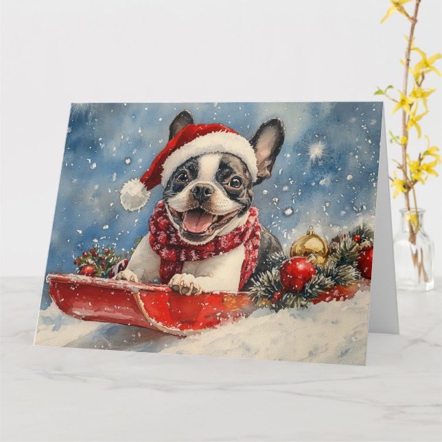 Carte Boston Terrier Dog in Sledge Let it Neige Noël (Fleur jaune)