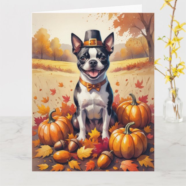 Carte Boston Terrier En Automne Quitte L'Art Thanksgivin (Fleur jaune)