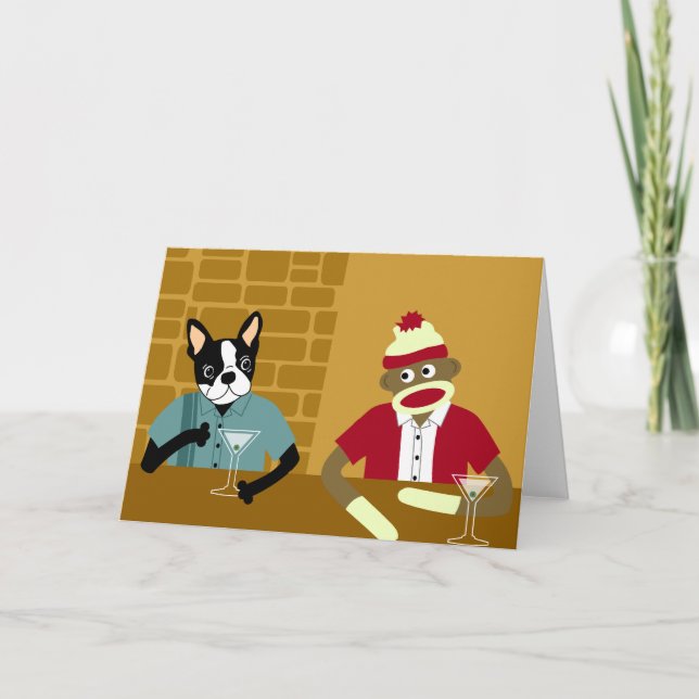 Carte Boston Terrier et singe de chaussette (Devant)