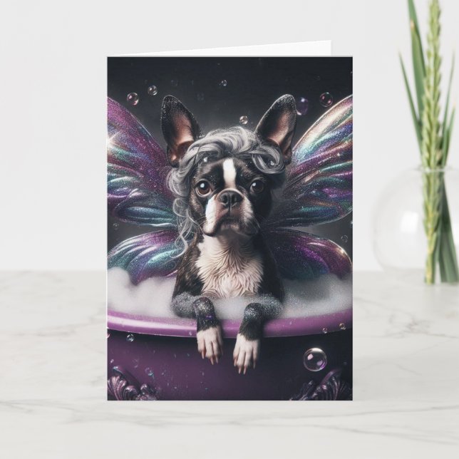 Carte Boston Terrier Fairy dans la baignoire violette (Devant)